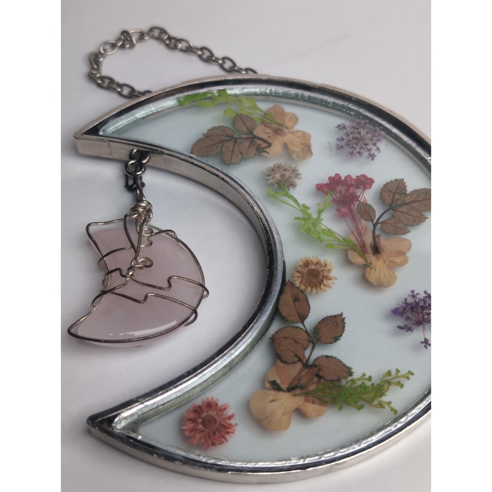 Vintage Dried Pressed Flowers Glass Metal half Moon Frame Hanging W/Rose Quartz - Picture 5 of 13